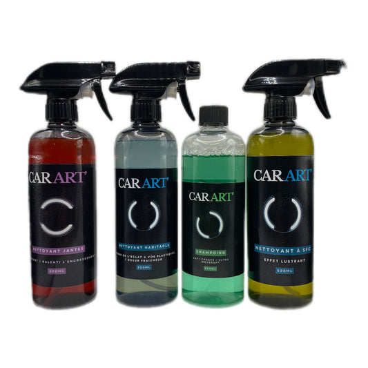 Notre pack ultime comprend , un nettoyant jantes , un nettoyant habitacle, un shampoing carrosserie et un nettoyant waterless. 