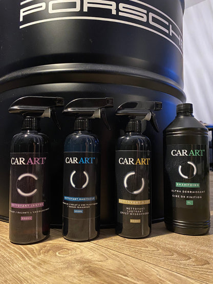 Notre pack comprend, un nettoyant jantes, un nettoyant habitacle, un nettoyant waterless et un shampoing pour carrosserie . Avec notre pack complet, rendez l'aspect d'origine à votre véhicule. 