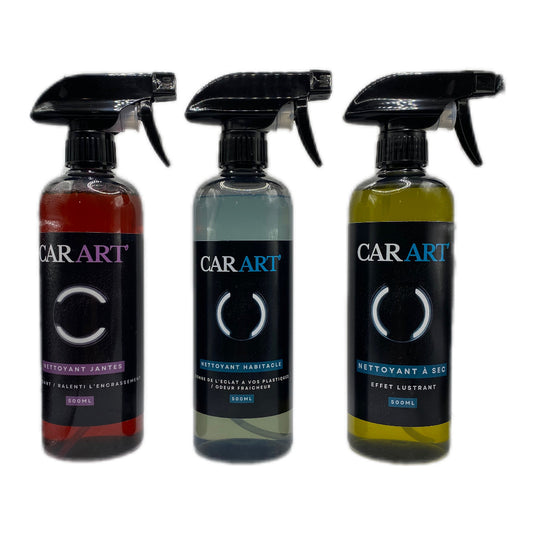 Pack de démarrage , comprenant un nettoyant jantes , un nettoyant habitacle et un nettoyant waterless .